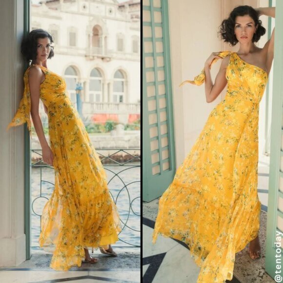 Mac Duggal Dresses & Skirts - Mac Duggal 55427 Yellow Green Floral One Shoulder‎ Maxi Gown Dress Size 12 NWT